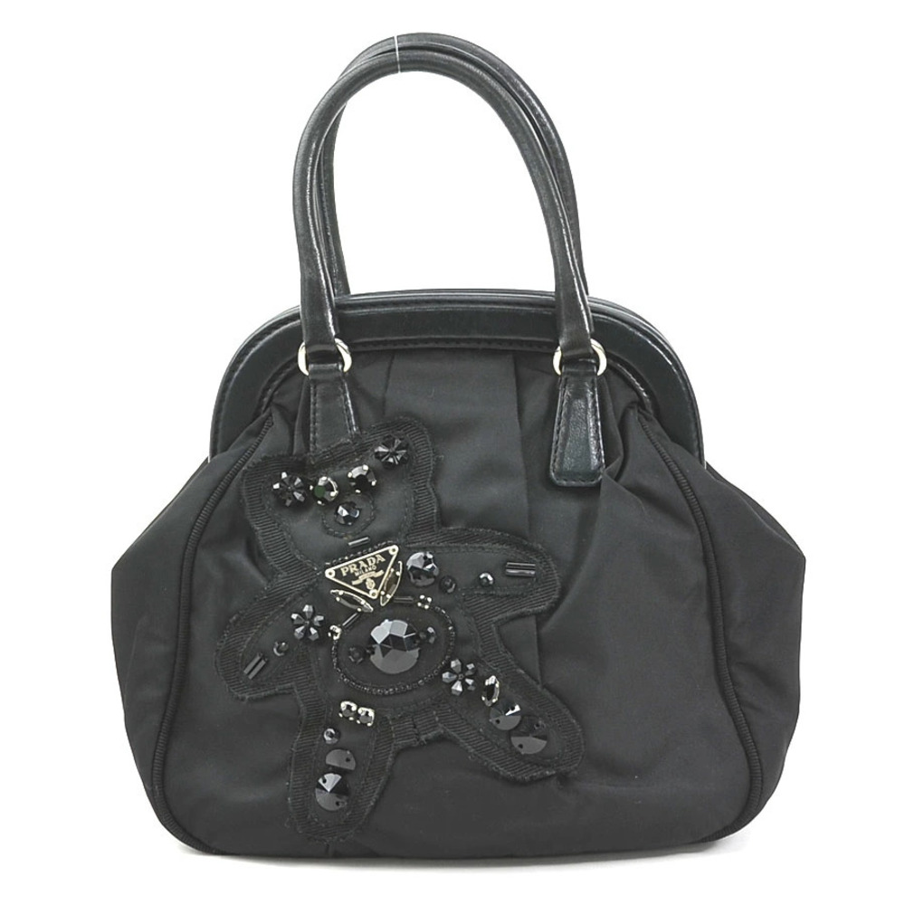 Prada Tessuto Evening Bear Frame Handle Bag black beaded teddy bear